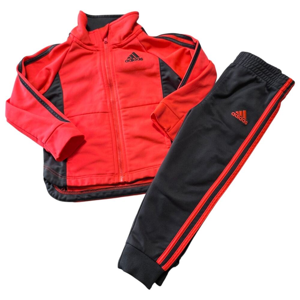 Adidas Baby Girls 18M Track Suit Set Dark Pink Gray Jacket Pants 3 Stripe